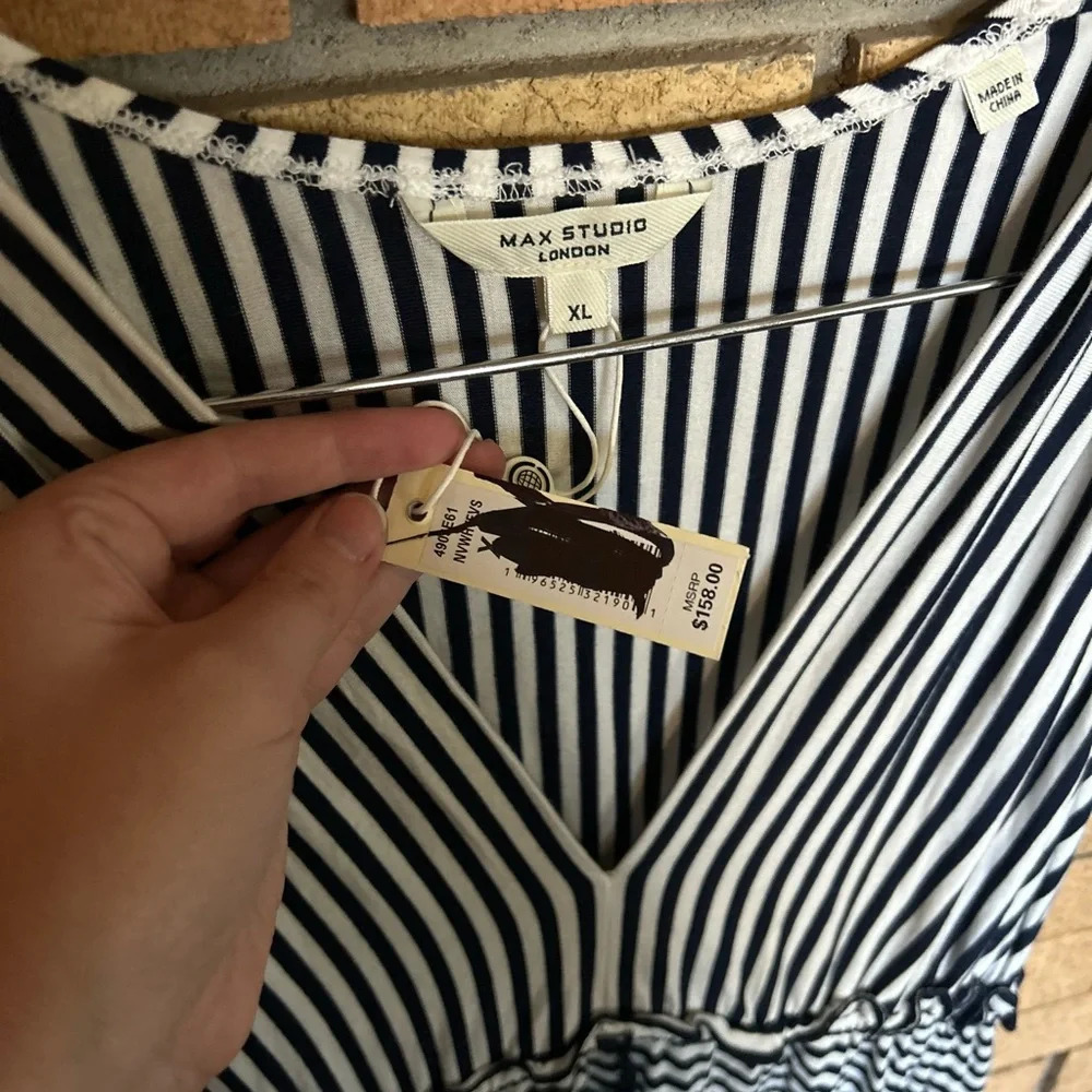 Max Studio London Tied V Neck Maxi Sleeveless Dress Navy & White Striped Size XL - Picture 3 of 4